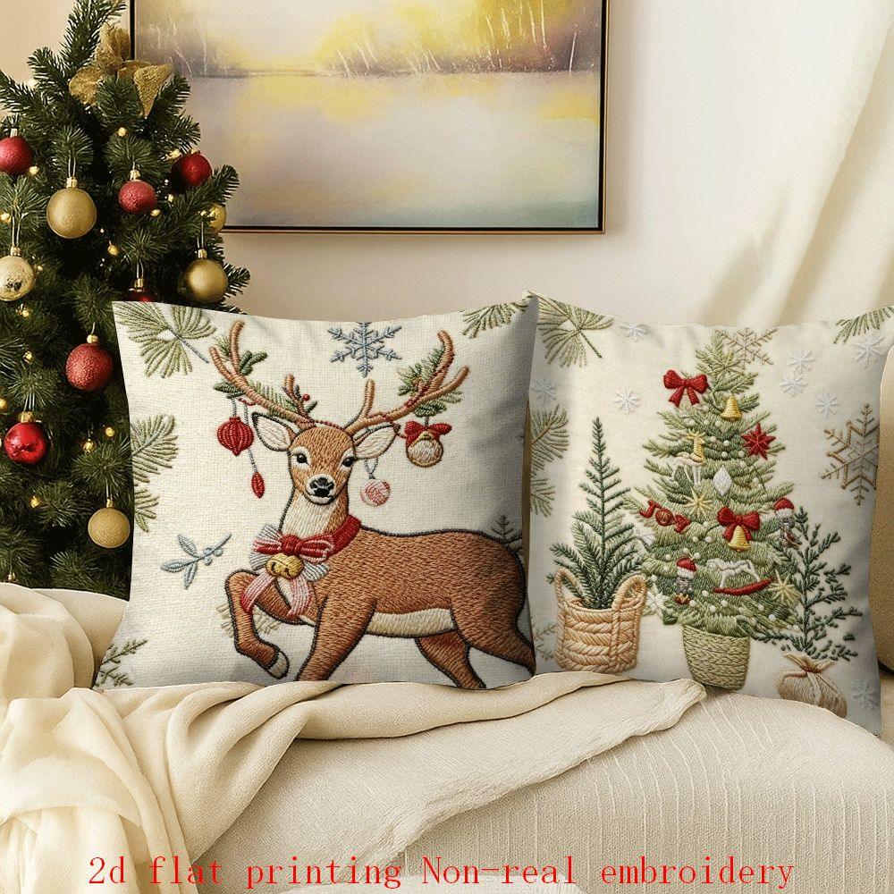 Cotton Pillow Covers with Embroidered Christmas Tree, 17.72" x 17.72" Zipper Cushion Cover
