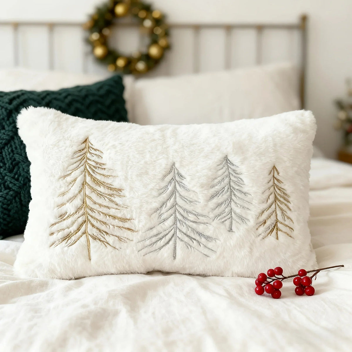 Gold Embroidered Christmas Tree Pillow Cover - Luxury Velvet Decorative Pillowcase
