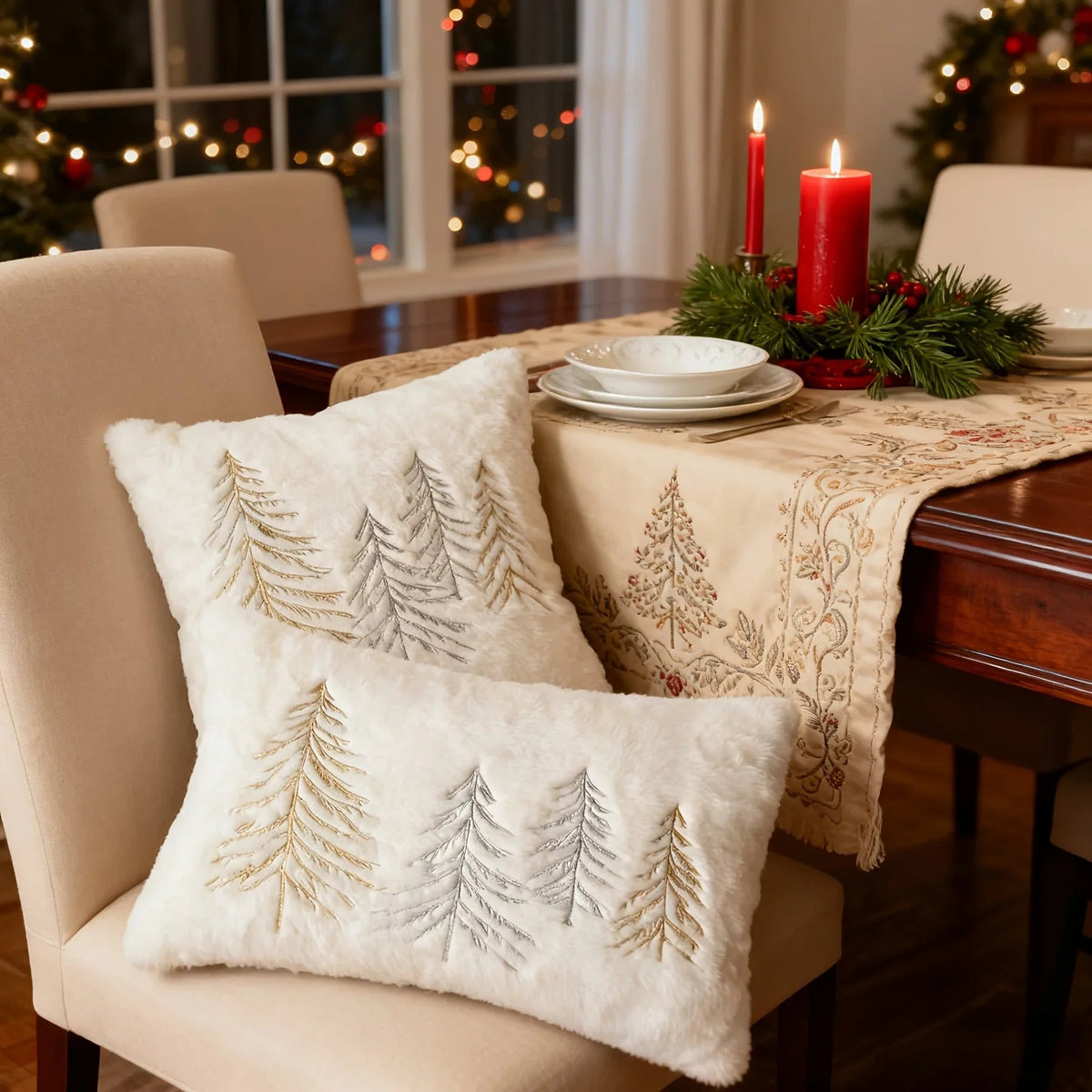 Gold Embroidered Christmas Tree Pillow Cover - Luxury Velvet Decorative Pillowcase