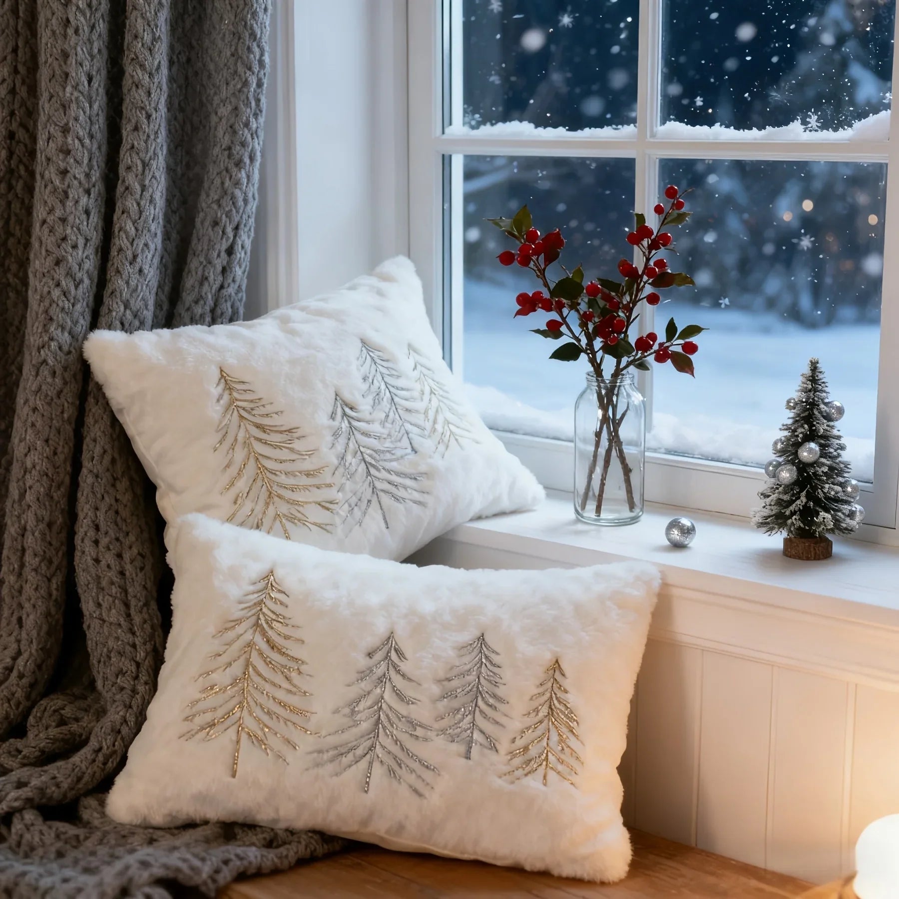 Gold Embroidered Christmas Tree Pillow Cover - Luxury Velvet Decorative Pillowcase