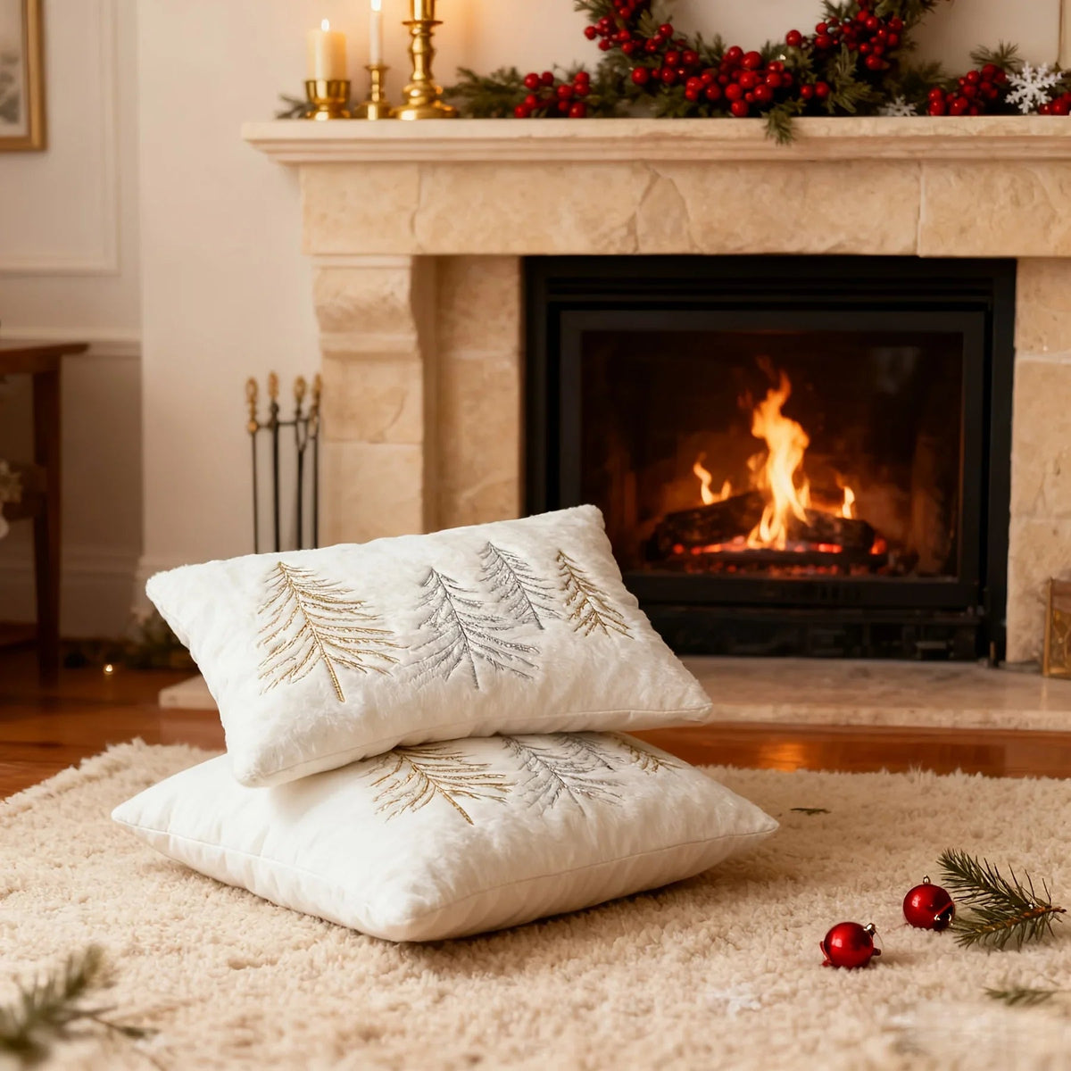 Gold Embroidered Christmas Tree Pillow Cover - Luxury Velvet Decorative Pillowcase