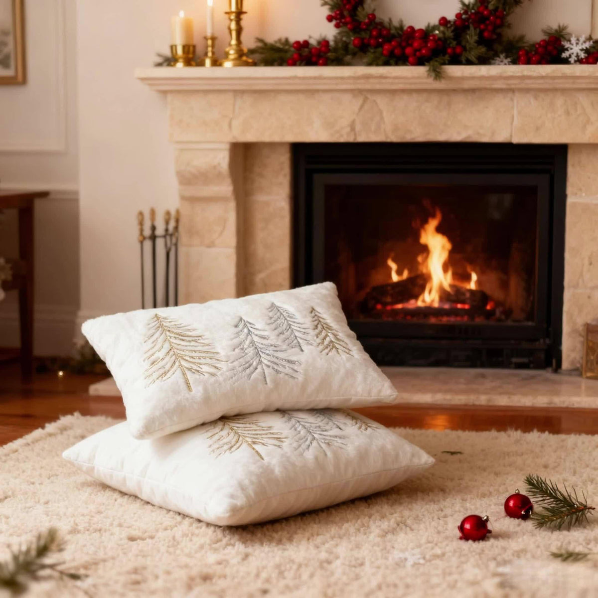 Gold Embroidered Christmas Tree Pillow Cover - Luxury Velvet Decorative Pillowcase
