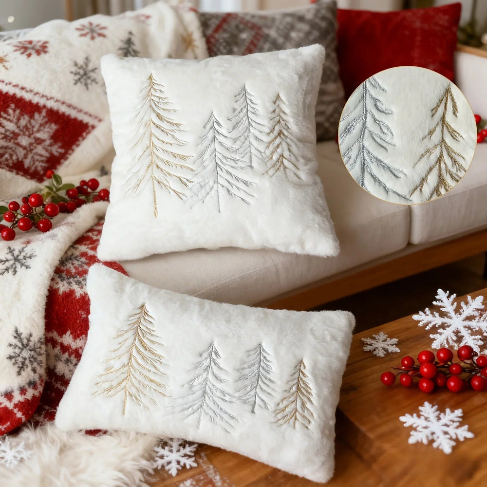 Gold Embroidered Christmas Tree Pillow Cover - Luxury Velvet Decorative Pillowcase