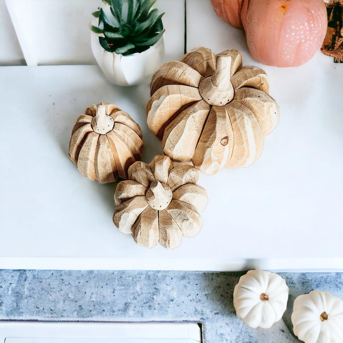 Farmhouse Pumpkin Trio — Hand-Crafted Poplar Wood Pumpkins