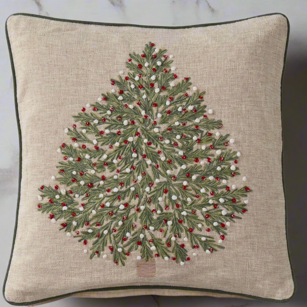 Christmas Tree Decorative Throw Pillow – Tan with Red & White Ornaments, 20"