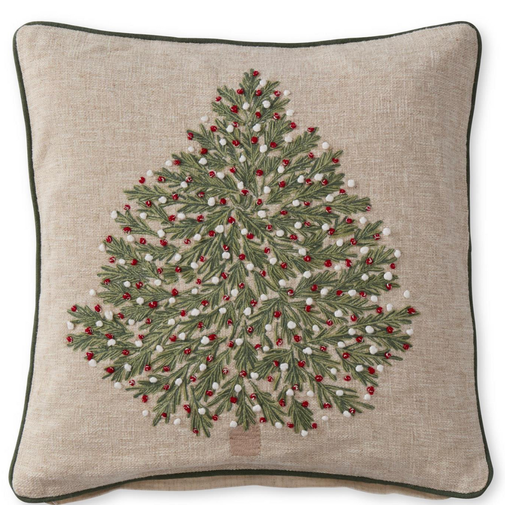 Christmas Tree Decorative Throw Pillow – Tan with Red & White Ornaments, 20"
