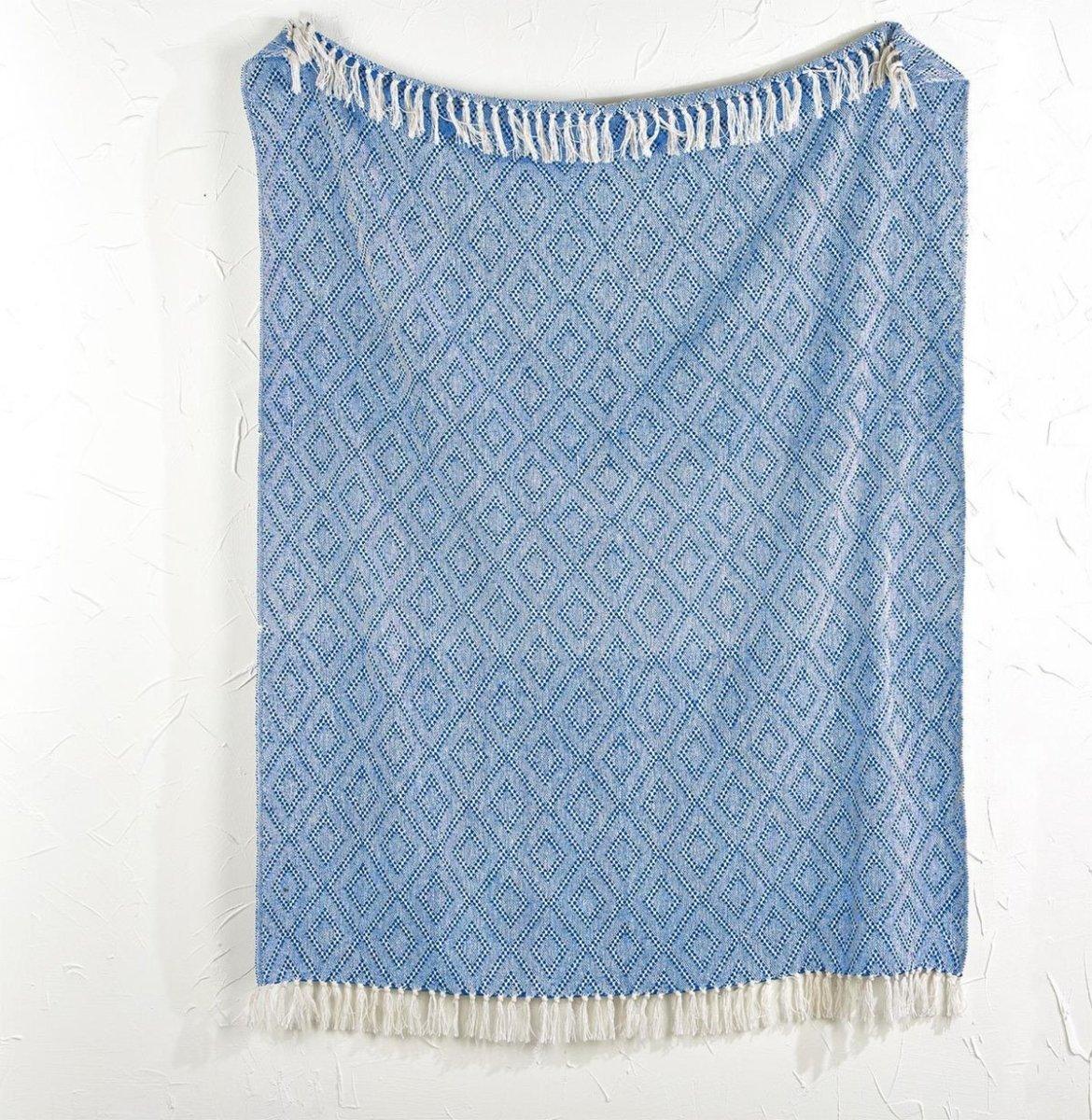 Blue Diamond Cotton Throw with Tassels by Gia Roma
