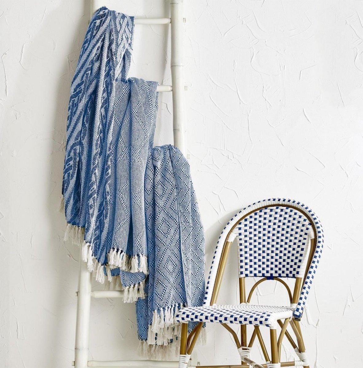 Blue Diamond Cotton Throw with Tassels by Gia Roma