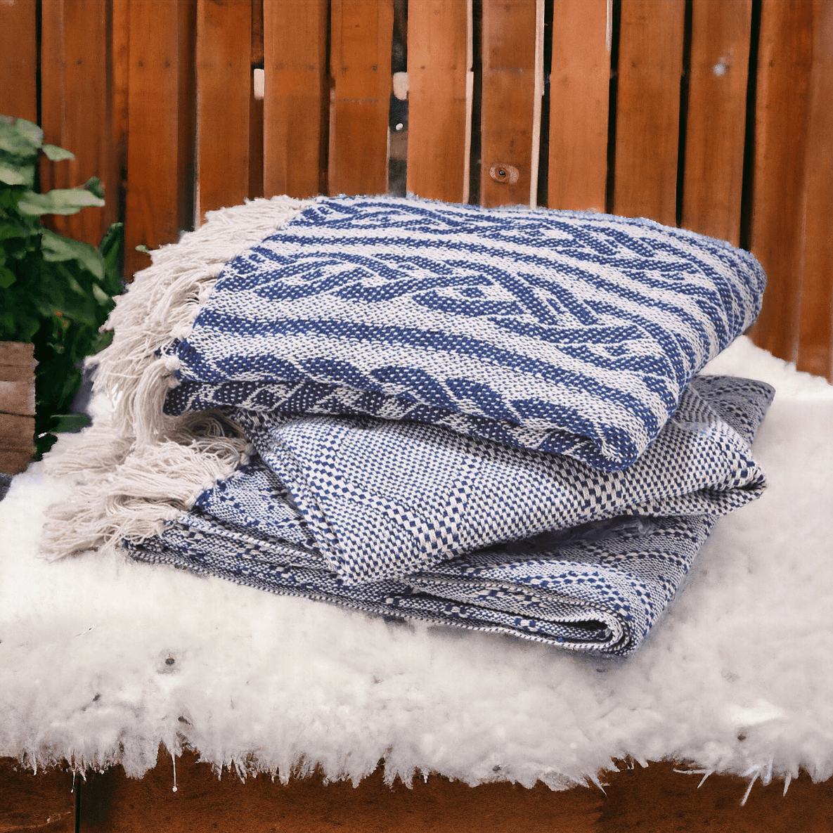 Blue Diamond Cotton Throw with Tassels by Gia Roma