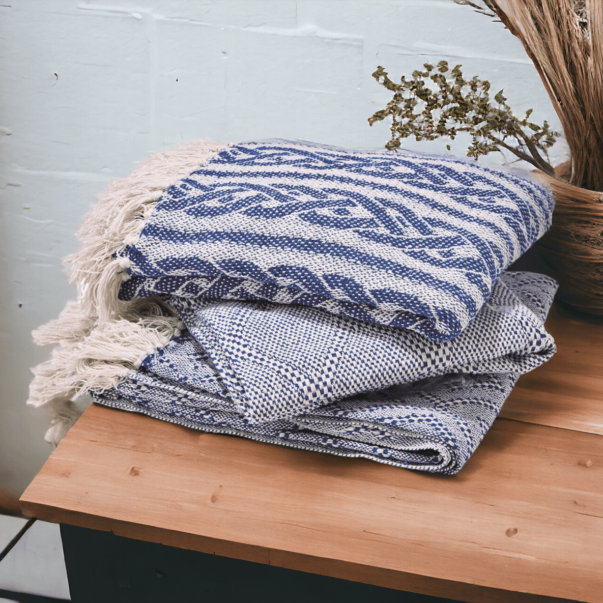 Blue Diamond Cotton Throw with Tassels by Gia Roma