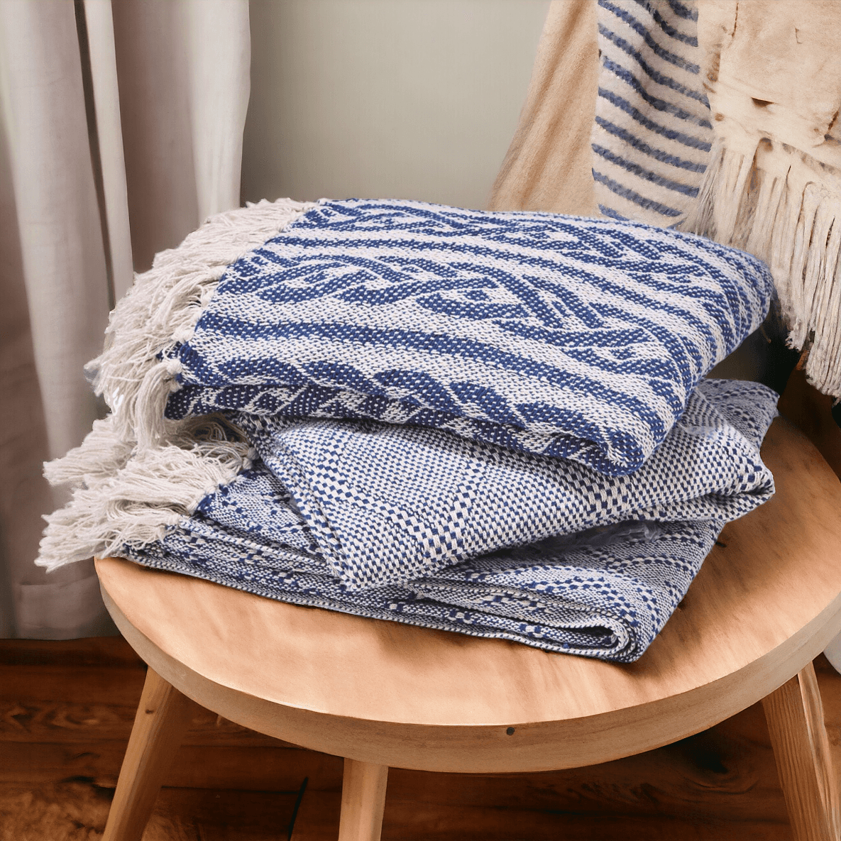 Blue Diamond Cotton Throw with Tassels by Gia Roma
