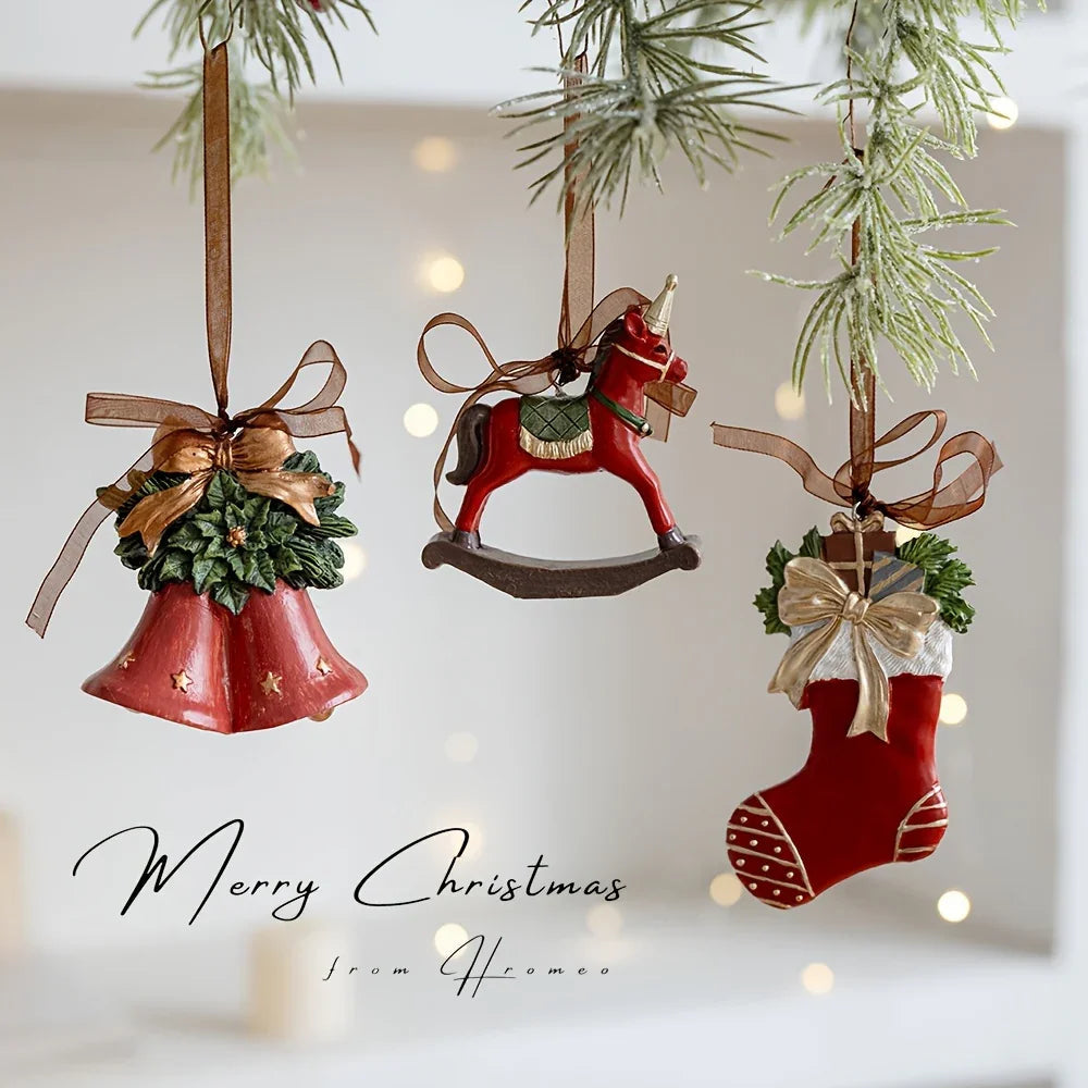 Resin Christmas Tree Decoration Pendants with Ribbons & Pine Cones