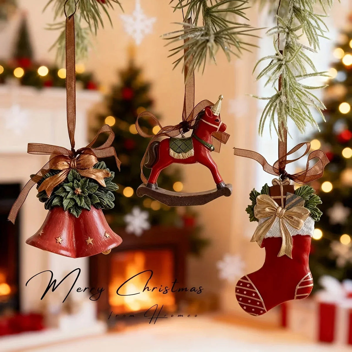 Resin Christmas Tree Decoration Pendants with Ribbons & Pine Cones
